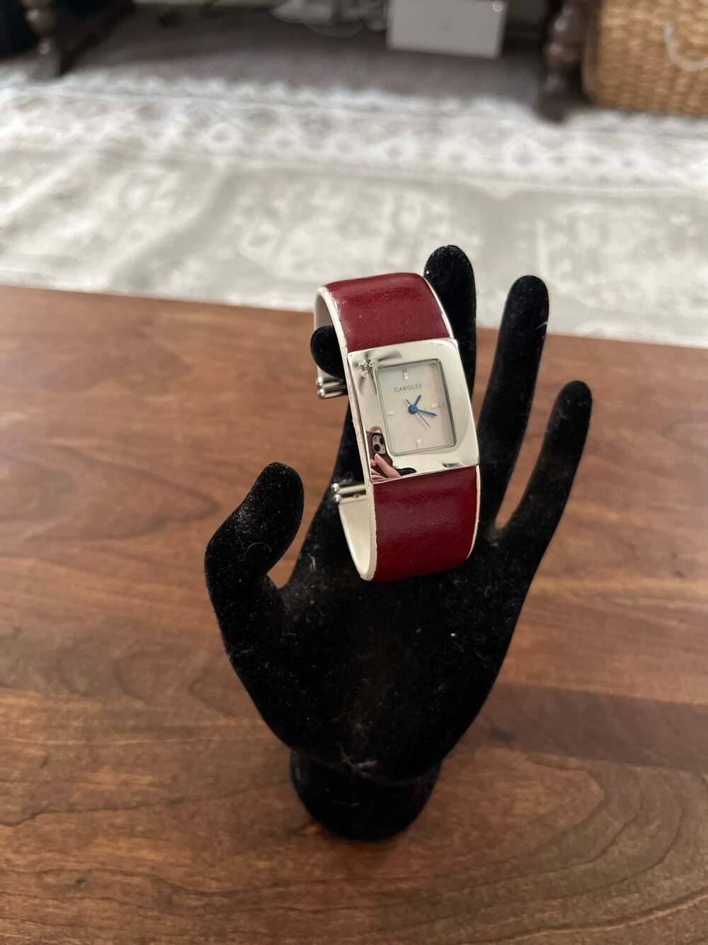 Carolee Ladies Rectangular Watch Mother of Pearl Dial red Leather Strap Silver